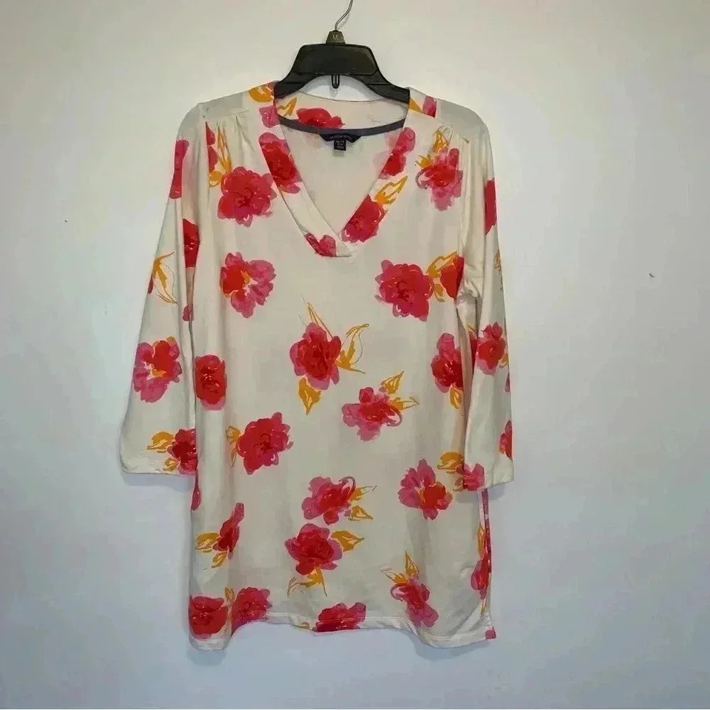 Women’s Lands End Floral Long Line Tunic Terry Cloth Lining Pockets Size M 10/12